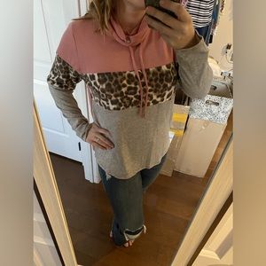 NWT Haptics pink leopard gray brushed cowl neck sweater size 2X